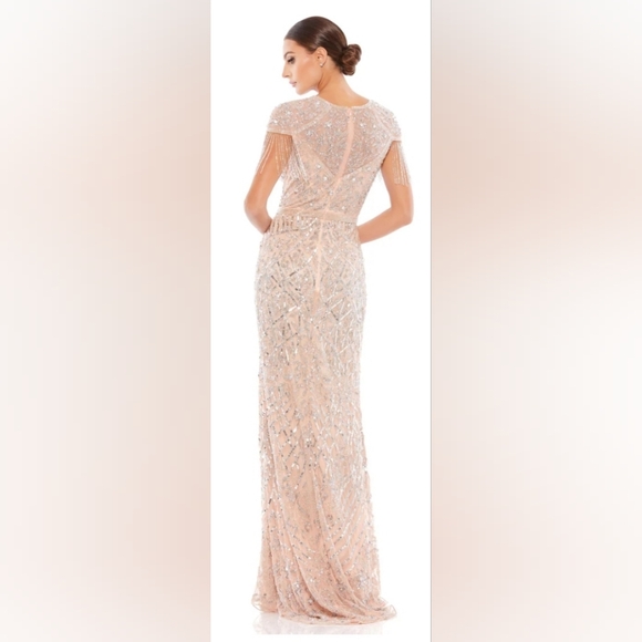 MAC DUGGAL EMBELLISHED FRINGE CAP SLEEVE TRUMPET GOWN PLATINUM PINK 12 NWT - Picture 4 of 16